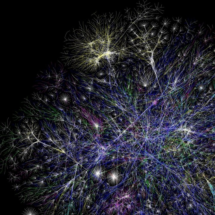 Darstellung eines Netzwerks bestehend aus feuerwerksartigen, bunten Verknüpfungen vor einem schwarzen Hintergrund 