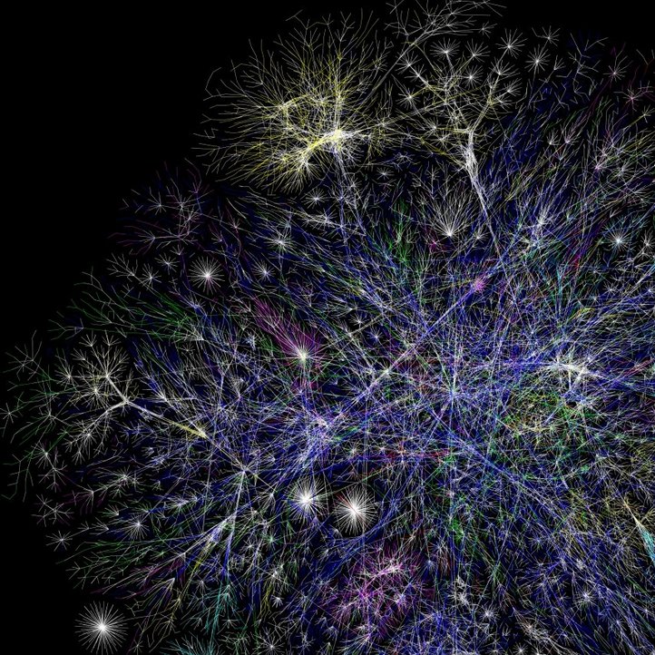 Darstellung eines Netzwerks bestehend aus feuerwerksartigen, bunten Verknüpfungen vor einem schwarzen Hintergrund 