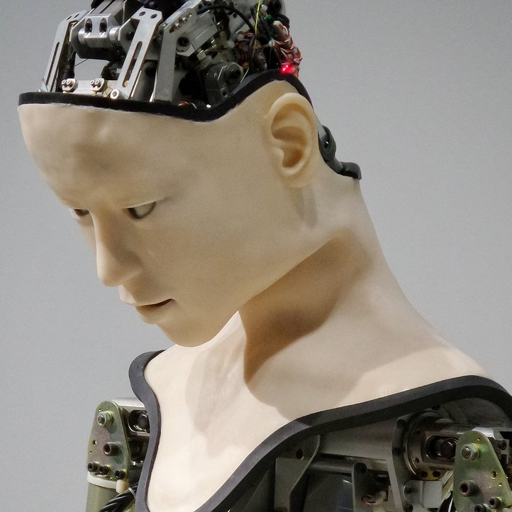 Roboter mit menschlichem Gesicht, Gehirn besteht aus technischer Mechanik 