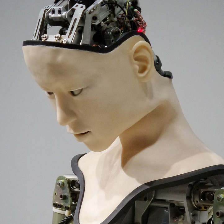 Roboter mit menschlichem Gesicht, Gehirn besteht aus technischer Mechanik 