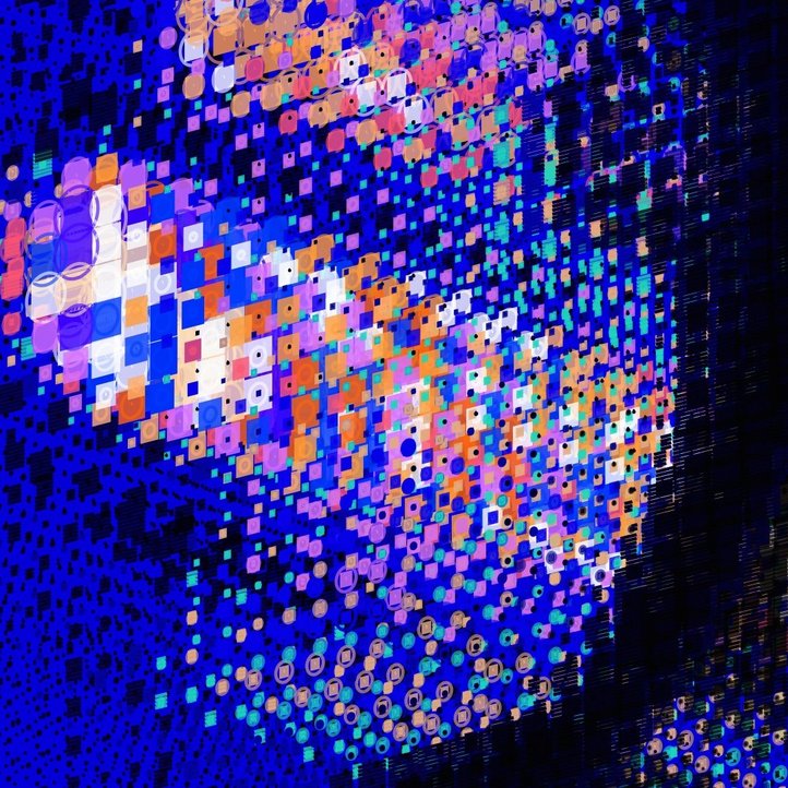 Künstlerische Erschließung von Data Science, Abbildung von bunten, netzartigen Strukturen vor einem blauen Hintergrund 