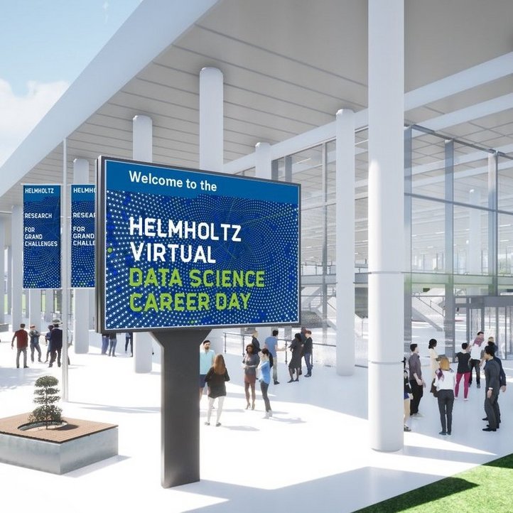 virtuelle Animation, viele Menschen stehen im Außenbereich eines Messegebäudes, es sind blaue Schilder aufgebaut, auf denen "Welcome to the Helmholtz Virtual Data Science Career Day" und "Research for Grand Challenges" steht 