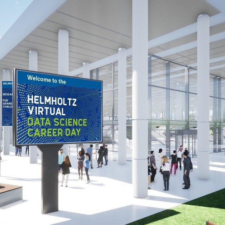 virtuelle Animation, viele Menschen stehen im Außenbereich eines Messegebäudes, es sind blaue Schilder aufgebaut, auf denen "Welcome to the Helmholtz Virtual Data Science Career Day" und "Research for Grand Challenges" steht 